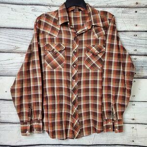 Vintage Dude by Sweet Men’s Western Plaid Snap Shirt Pearl Buttons Brown Orange